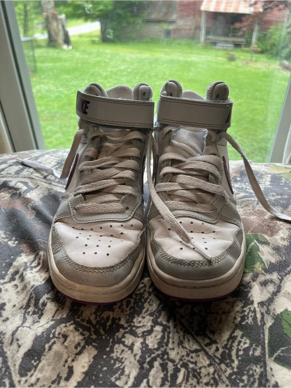 Nike White and Purple Mid-Top Sneakers with Velcro Strap